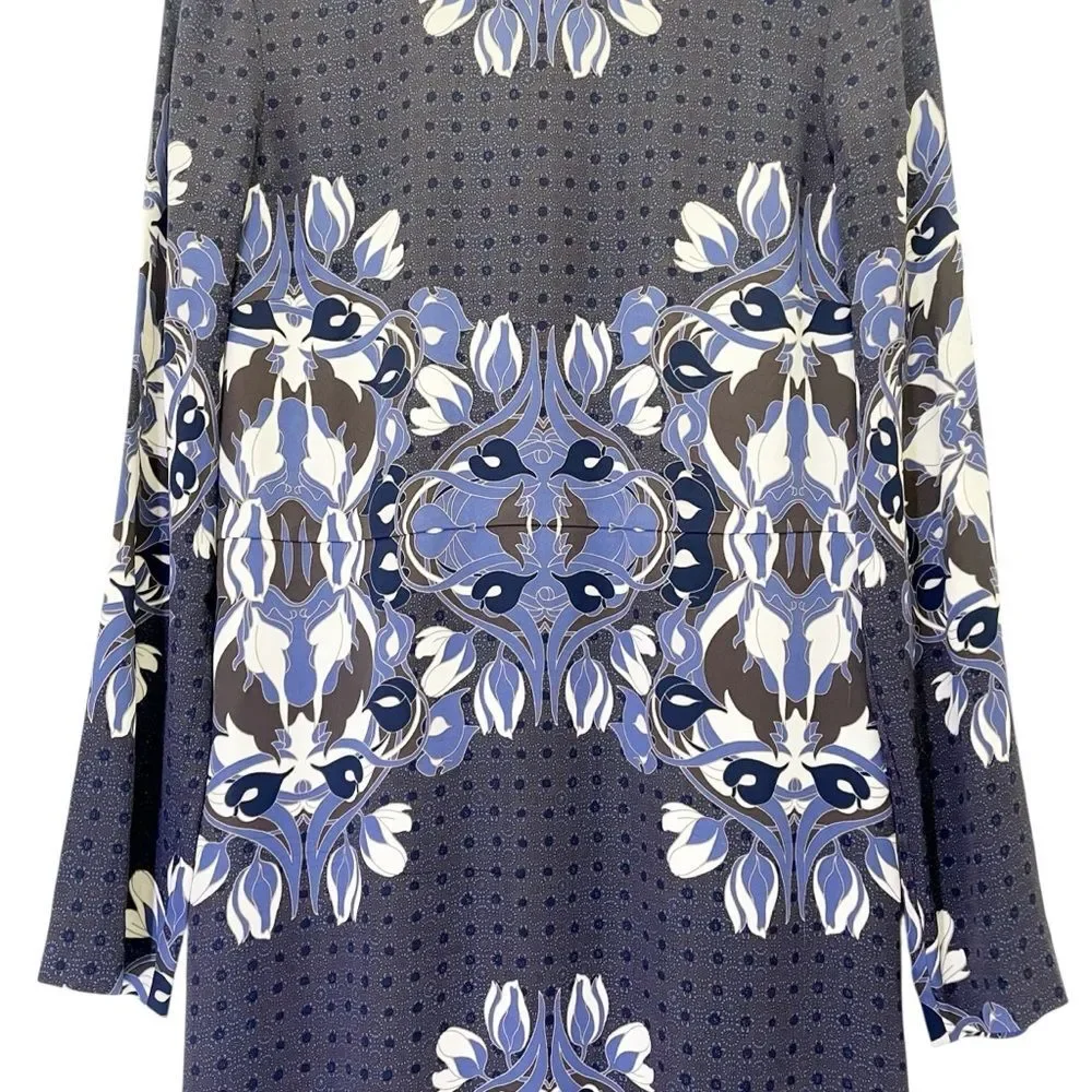 Tory Burch Blue Floral Medallion Sheath Dress Size 10 Jersey Long Sleeve Stretch